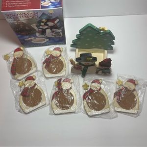 Christmas Coster Set 6 Wooden Santa's Waving W/snowman Coster Holder New